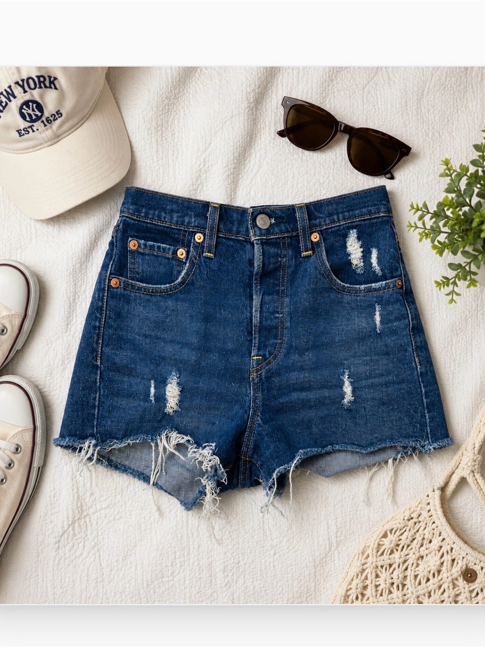 Levi's Dark Blue Distressed‎ Ribcage Jean Shorts